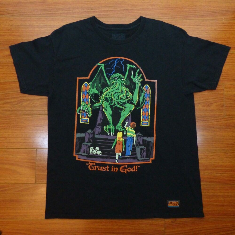 Steven Rhodes Trust in God T Shirt Mens L Black Cthulhu Lovecraft Mythos Horror